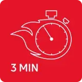 Czerwona ikona z białym symbolem stopera otoczonego płomieniem oraz napisem \'3 MIN\'.
