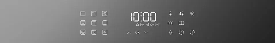 Panel sterowania z wyświetlaczem cyfrowym pokazującym godzinę 10:00 oraz ikonami funkcji piekarnika, takimi jak temperatura, tryb ECO, zegar i inne symbole.
