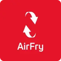 Czerwony kwadrat z białymi strzałkami skierowanymi w przeciwnych kierunkach oraz napisem \'AirFry\'.