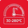 Czerwony kwadrat z białą grafiką termometru i napisem \'30-280°C\'.