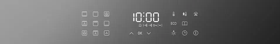 Panel sterowania z wyświetlaczem cyfrowym pokazującym godzinę 10:00 oraz ikonami funkcji piekarnika, takimi jak temperatura, tryb ECO, oświetlenie i timer.