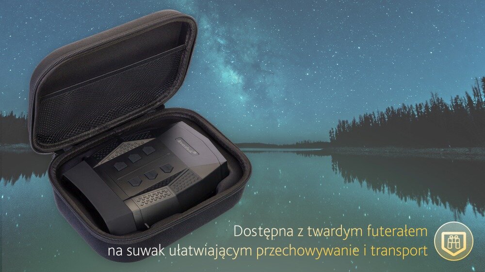 Lornetka noktowizyjna znajduje się w twardym futerale na suwak. Tekst na obrazie: \'Dostępna z twardym futerałem na suwak ułatwiającym przechowywanie i transport\'.