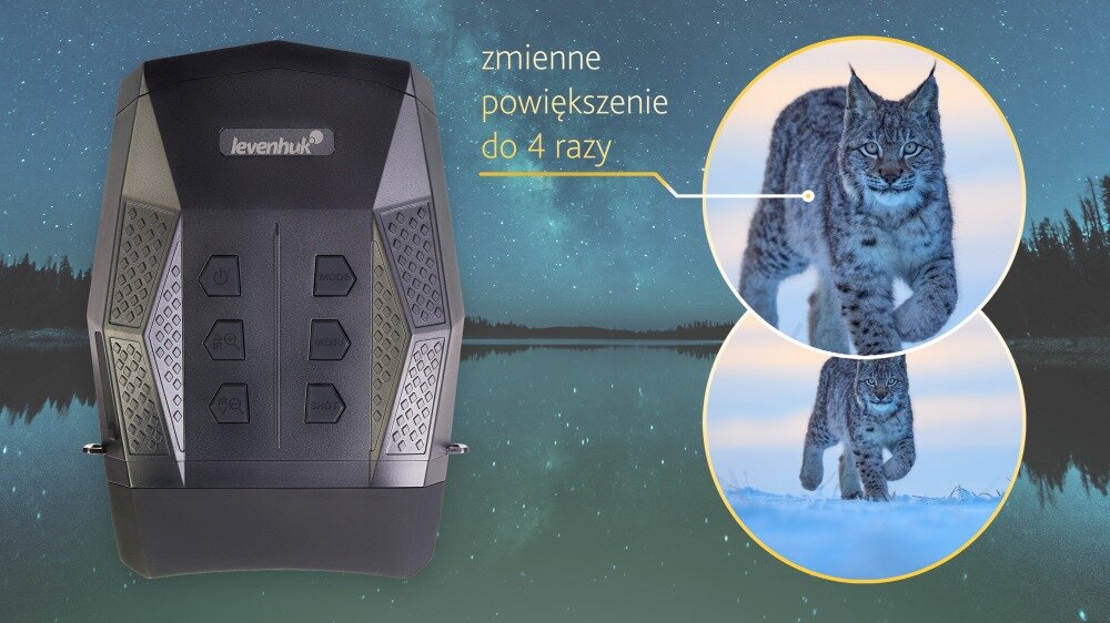 Na tle nocnego krajobrazu z gwiaździstym niebem widoczna jest lornetka z logo \'levenhuk\'. Obok znajduje się napis \'zmienne powiększenie do 4 razy\' oraz dwa okrągłe obrazy przedstawiające rysia w zbliżeniu.
