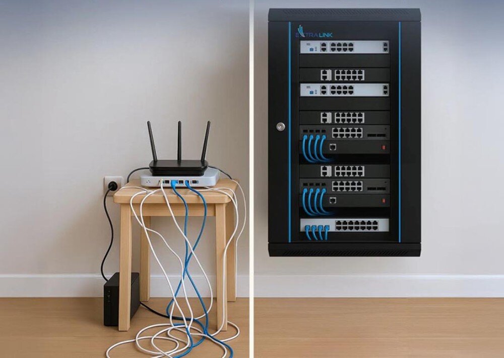 Szafa RACK EXTRALINK 19 12U EX.7256 600 x 600 mm Zdjęcie podzielone jest na dwie części: po lewej stronie znajduje się mały stolik z routerem i plątaniną kabli na podłodze, a po prawej stronie pokazana jest wisząca na ścianie czarna szafa z uporządkowanym sprzętem sieciowym, opis