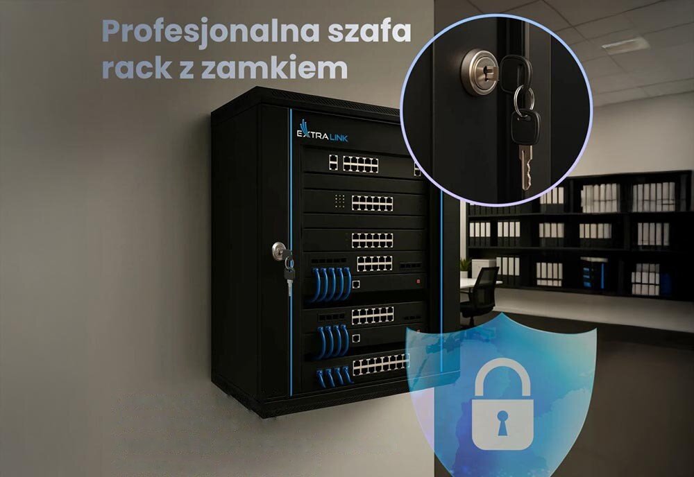 Szafa RACK EXTRALINK 19 12U EX.7256 600 x 600 mm Zdjęcie przedstawia czarną szafę wiszącą z urządzeniami sieciowymi, stojącą przy ścianie w biurze, oraz powiększenie zamka z włożonym kluczem i graficzną ikonę niebieskiej tarczy z kłódką, szklane drzwi, zamek, panele boczne