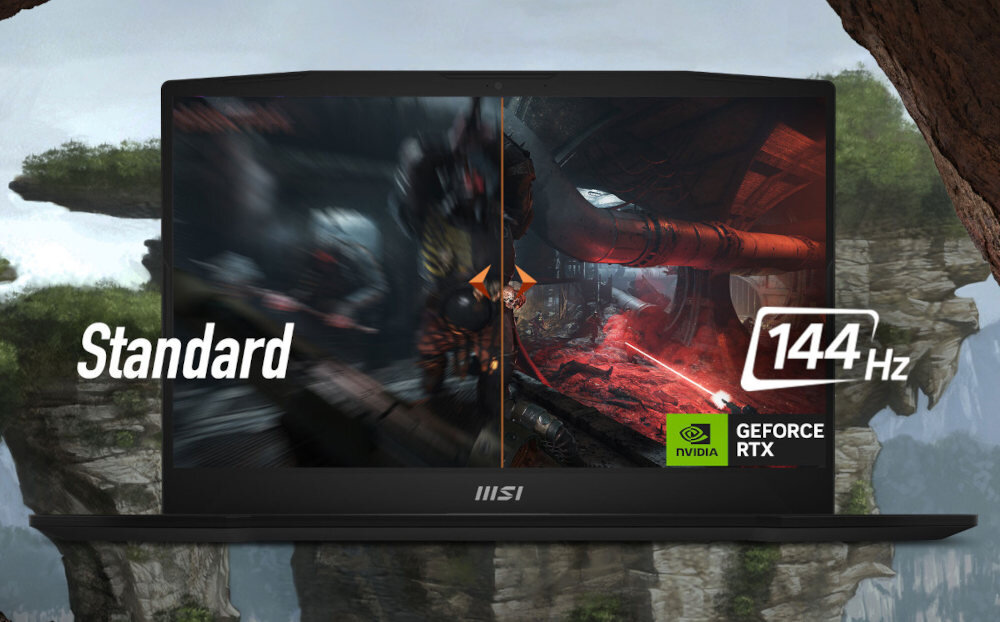 Obraz przedstawia laptop z ekranem podzielonym na dwie części, z lewej strony rozmyty obraz z napisem \'Standard\', a z prawej wyraźny obraz z napisem \'144 Hz\'. Na ekranie widoczne jest logo NVIDIA GeForce RTX.