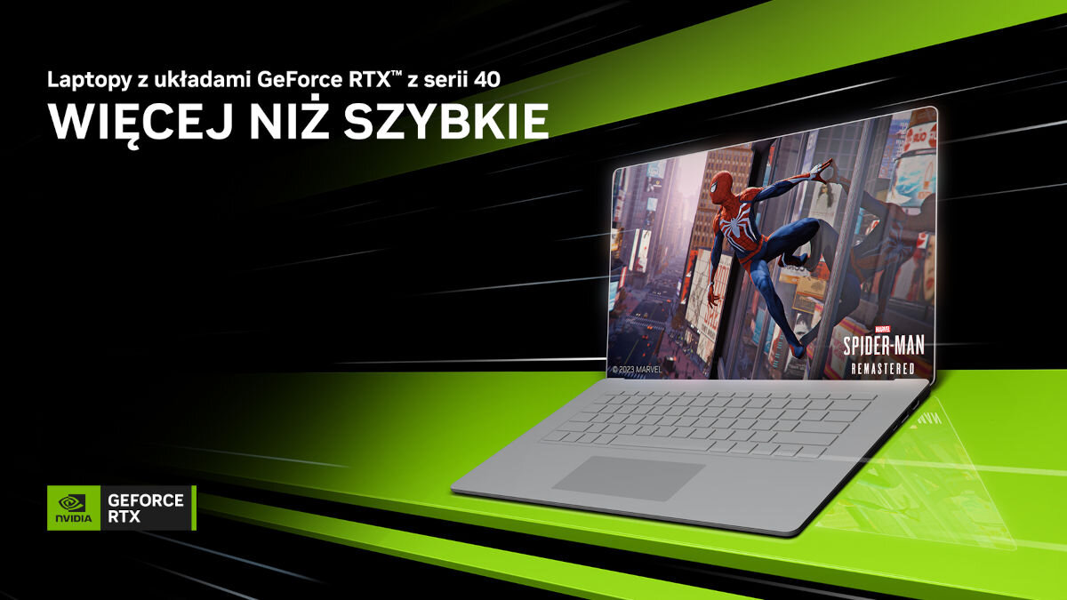 Obraz przedstawia laptop z ekranem wyświetlającym grę Spider-Man Remastered. Na górze widnieje tekst: \'Laptopy z układami GeForce RTX™ z serii 40 WIĘCEJ NIŻ SZYBKIE\', a w lewym dolnym rogu znajduje się logo NVIDIA GeForce RTX.