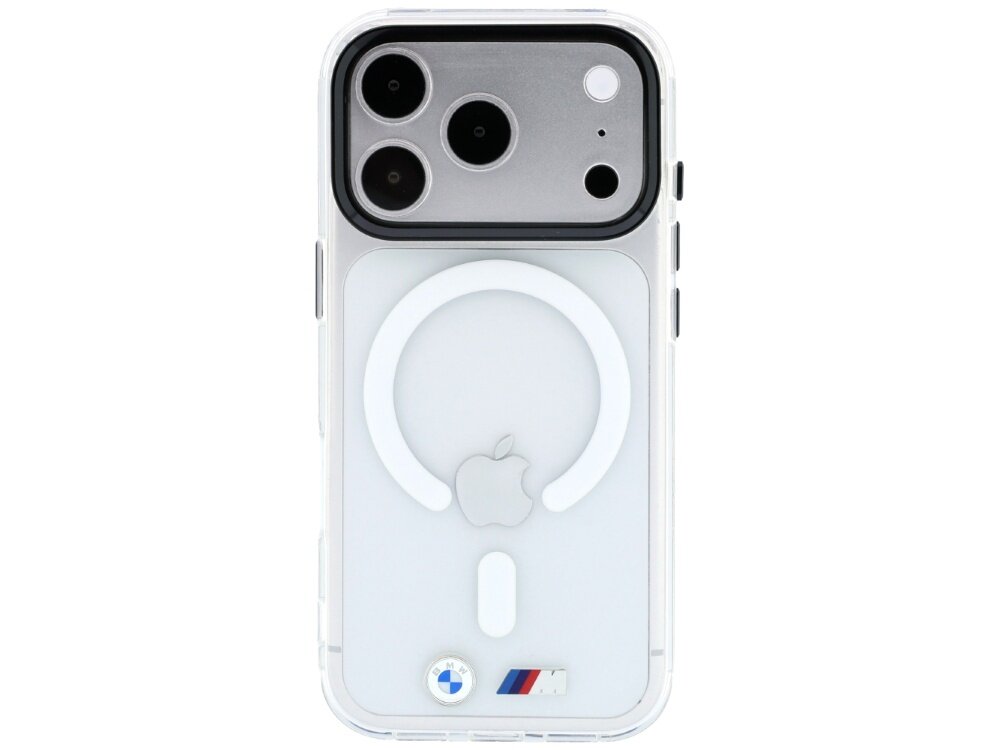 Przezroczyste etui na telefon z widocznym logo Apple oraz okrągłym wzorem MagSafe. Na dole etui znajdują się logo BMW i kolorowe paski M.