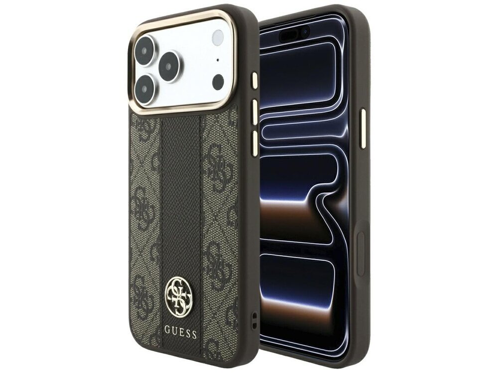Etui na telefon z brązowym wzorem i logo GUESS, przeznaczone dla modeli Apple iPhone 17 Pro Max/18 Pro Max. Etui posiada wycięcia na aparat i przyciski oraz jest kompatybilne z MagSafe.