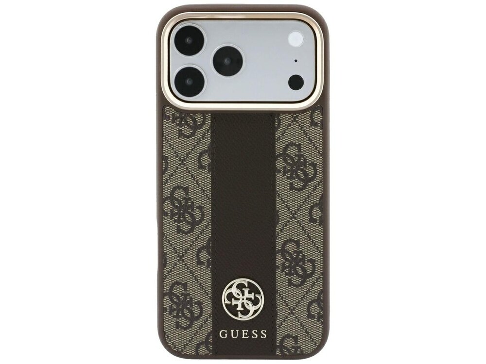 Etui na telefon z brązowym wzorem i logo GUESS na dole. Wzór składa się z ciemnego paska i klasycznych logotypów na tle.