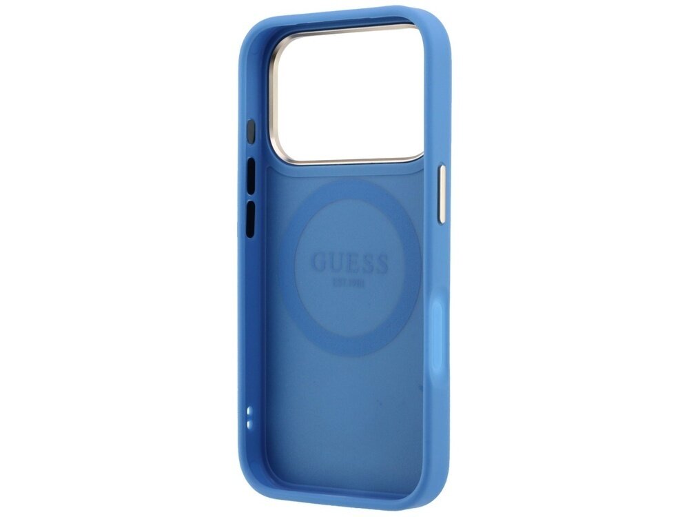 Niebieskie etui na telefon z dużym otworem na aparat i napisem \'GUESS EST 1981\' wewnątrz. Etui posiada wycięcia na przyciski i porty.