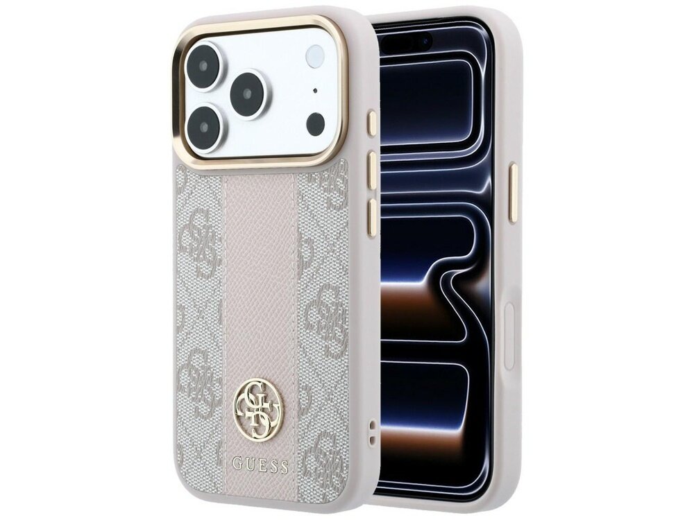Etui na telefon w kolorze różowym z wzorem 4G i paskiem, posiada logo GUESS. Etui jest przeznaczone do modelu Apple iPhone z dużym wycięciem na aparat.