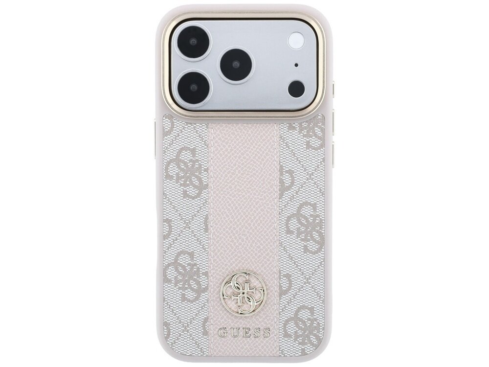 Etui na telefon w kolorze różowym z wzorem 4G i paskiem, posiada logo GUESS oraz okrągły emblemat. Widoczne są trzy duże otwory na aparaty i dwa mniejsze na inne elementy telefonu.