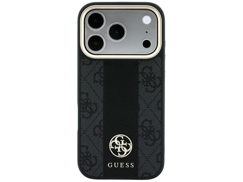 Czarne etui na telefon z logo GUESS, ozdobione wzorem 4G i pionowym paskiem. W górnej części widoczne są wycięcia na aparat i inne elementy telefonu.