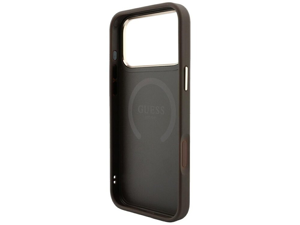 Brązowe etui na telefon z dużym otworem na aparat i logo \'GUESS\' wewnątrz. Etui posiada przyciski boczne w kontrastującym kolorze.