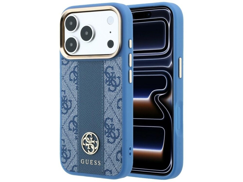 Niebieskie etui na telefon z wzorem 4G i paskiem, z logo GUESS na dole. Etui jest dopasowane do telefonu z trzema aparatami i posiada wycięcia na przyciski.