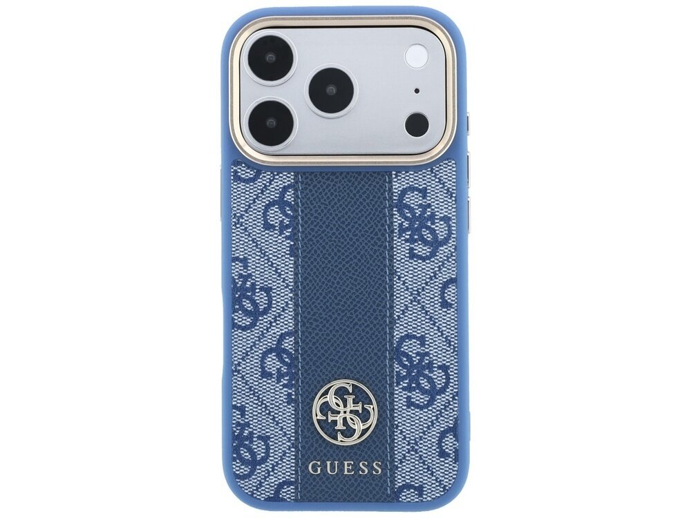 Niebieskie etui na telefon z wzorem logo GUESS i pionowym paskiem pośrodku. Na dole znajduje się okrągłe logo GUESS w kolorze złotym.