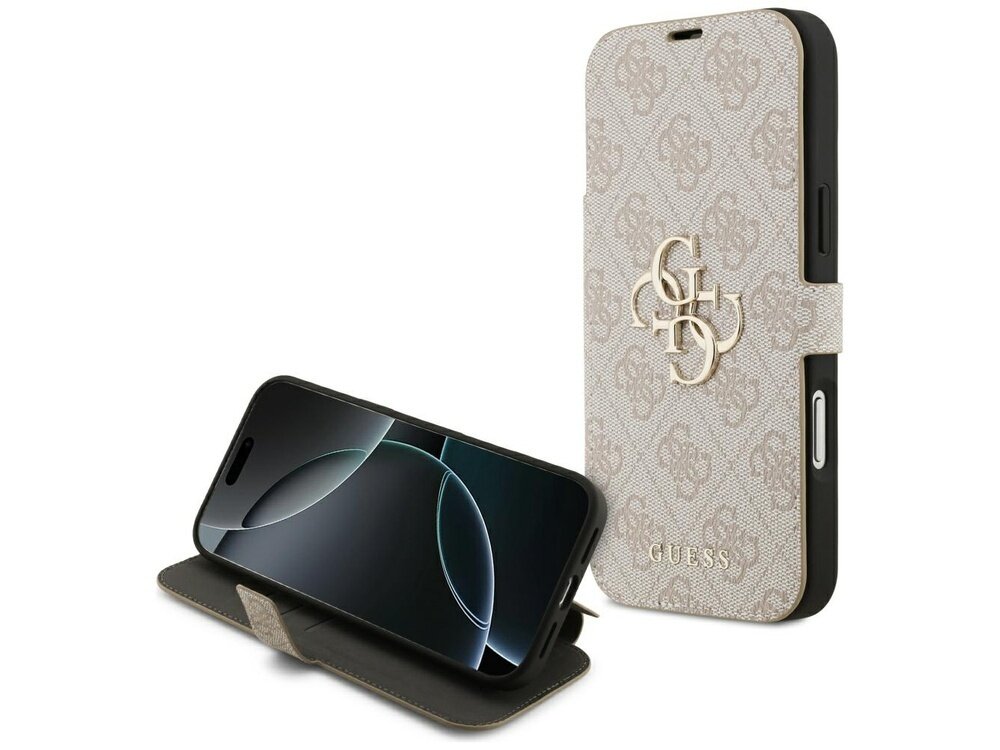 Etui w kolorze różowym z wzorem 4G i metalowym logo GUESS, przeznaczone do telefonu Apple iPhone 17 Pro Max/18 Pro Max. Etui posiada funkcję stojaka i wycięcia na przyciski oraz porty.