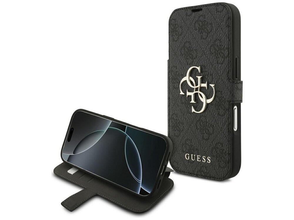 Czarne etui na telefon z metalowym logo i napisem \'GUESS\'. Etui jest otwarte, ukazując ekran telefonu w środku.