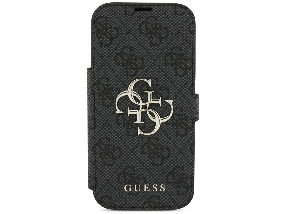 Czarne etui z wzorem 4G i metalowym logo GUESS na środku. Na dole widoczny jest napis \'GUESS\'.