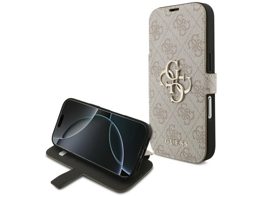 Etui na telefon w kolorze różowym z metalowym logo \'GUESS\' i wzorem 4G. Etui jest otwarte, ukazując ekran telefonu wewnątrz.