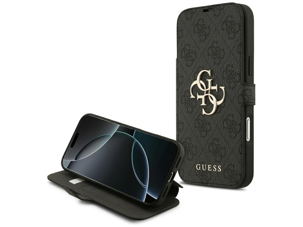 Czarne etui na telefon z metalowym logo i napisem \'GUESS\'. Etui jest otwarte, ukazując ekran telefonu wewnątrz.