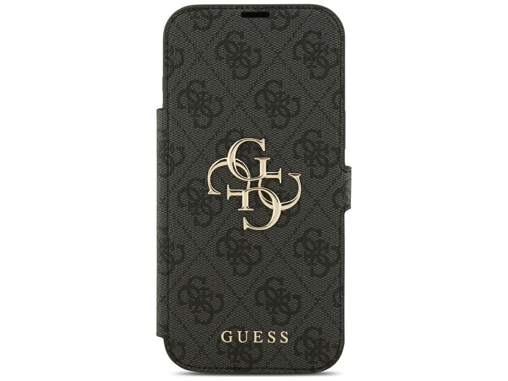 Czarne etui z wzorem i złotym logo na środku, z napisem \'GUESS\' na dole.
