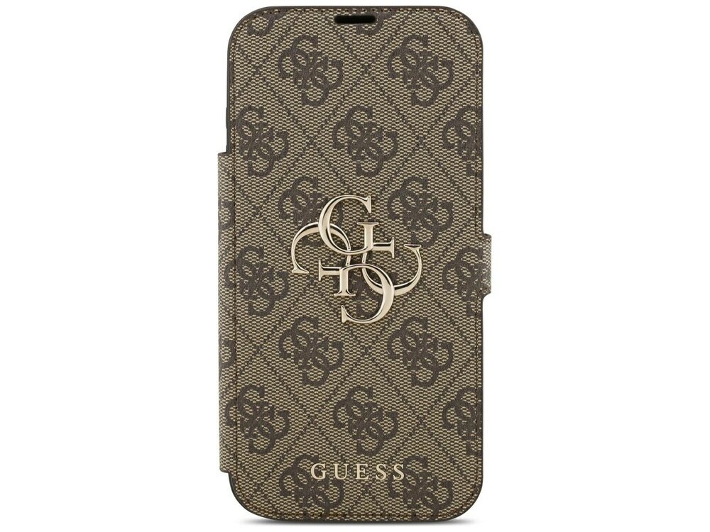 Brązowe etui z wzorem 4G i metalowym logo GUESS na środku. Na dole widoczny napis \'GUESS\'.