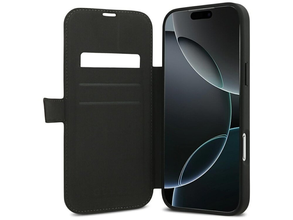 Etui w formie książki w kolorze brązowym, z miejscem na karty po wewnętrznej stronie. Widoczny jest telefon z wyświetlaczem w etui.