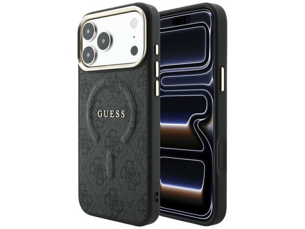Czarne etui na telefon z wytłoczonym wzorem i napisem \'GUESS\', przeznaczone dla modelu iPhone. Etui posiada wycięcia na aparat i przyciski boczne.