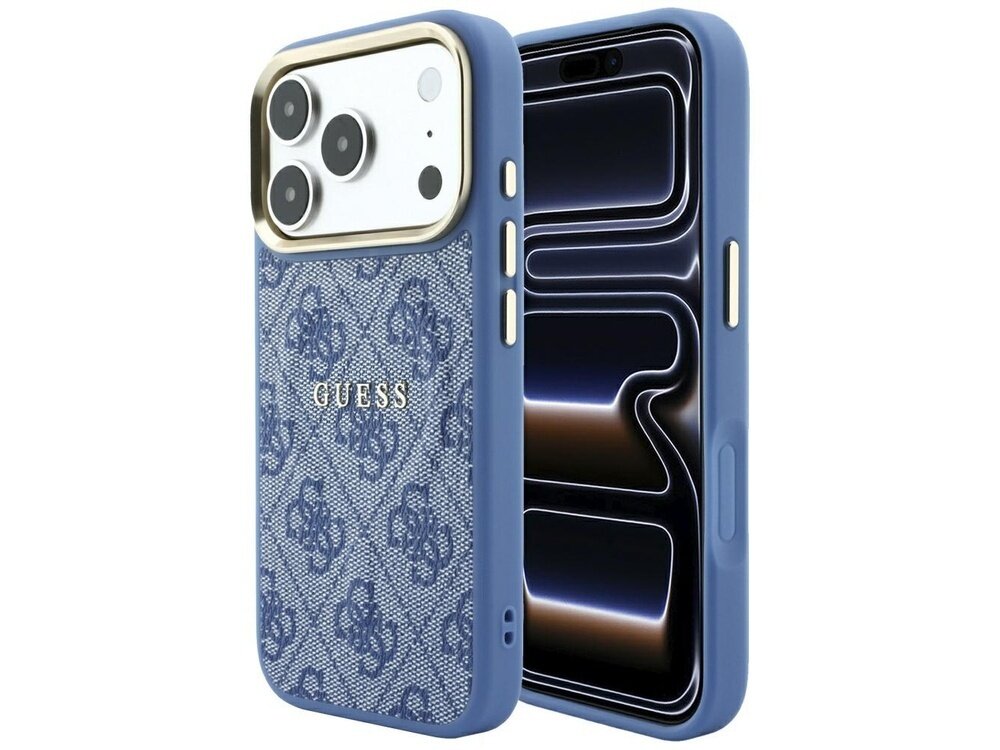 Niebieskie etui na telefon z wzorem 4G i napisem \'GUESS\'. Etui posiada wycięcia na aparat i przyciski boczne.