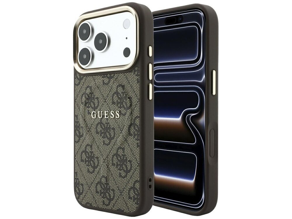 Etui na telefon z brązowym wzorem i logo \'GUESS\', przeznaczone do modelu iPhone z trzema aparatami. Obudowa ma elegancki design z tłoczonym wzorem 4G.