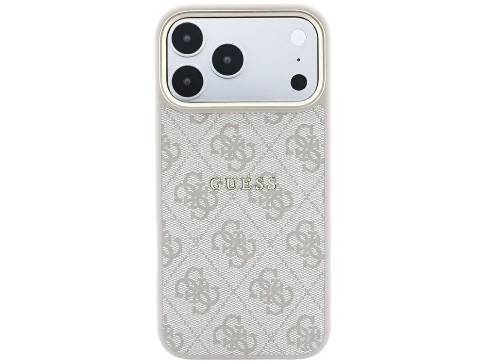 Etui na telefon z trzema dużymi otworami na aparaty, ozdobione wzorem z logo GUESS i napisem GUESS na środku. Kolor etui jest jasny z delikatnym wzorem 4G.