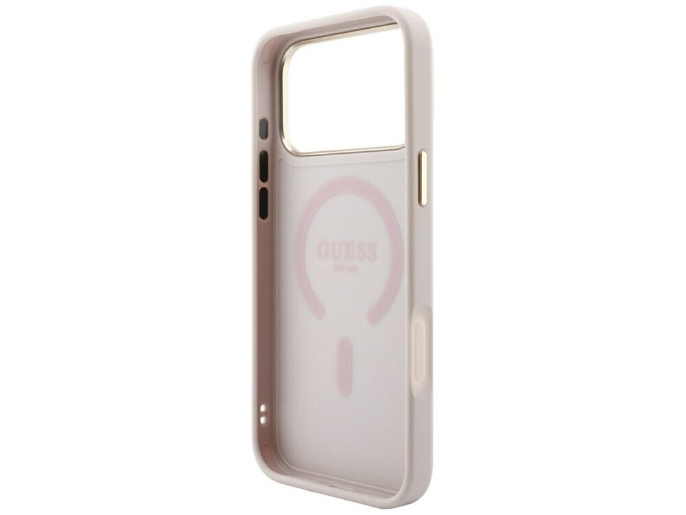 Różowe etui na telefon z dużym wycięciem na aparat i napisem \'GUESS\' wewnątrz. Etui posiada przyciski boczne i otwory na porty.