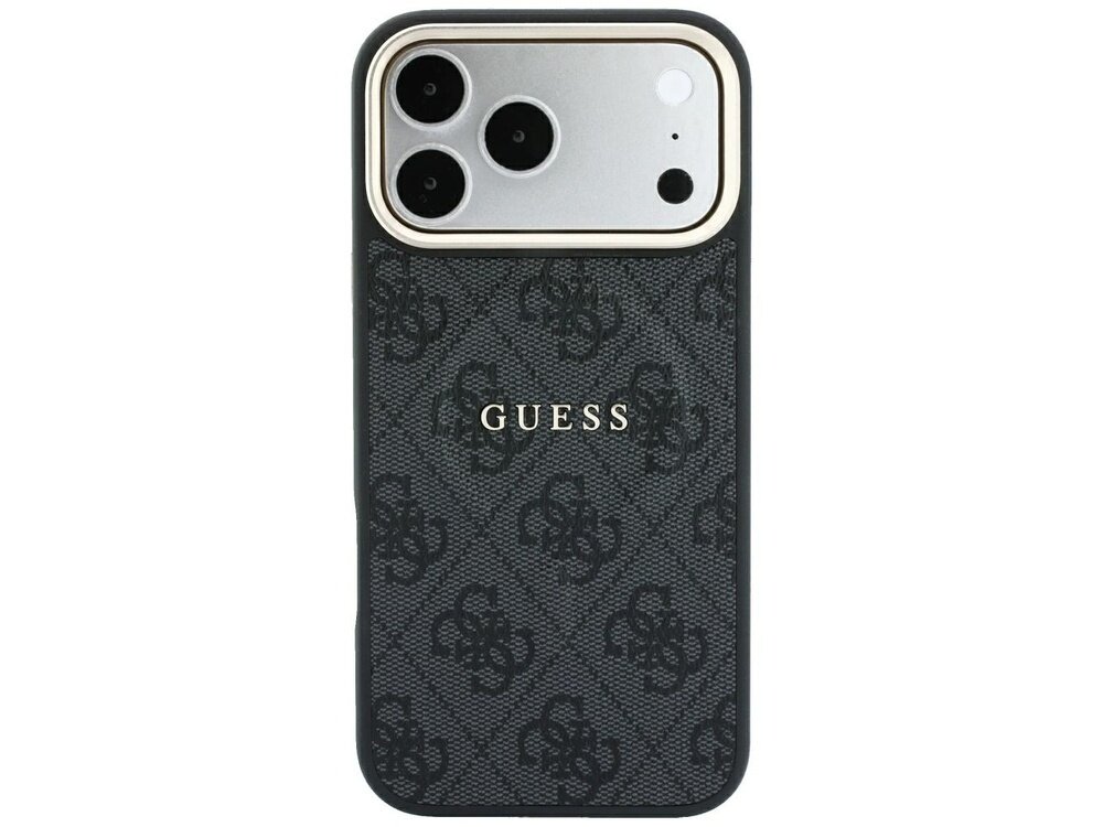Czarne etui na telefon z wytłoczonym wzorem 4G i napisem \'GUESS\' na środku. Etui jest przeznaczone do telefonu z trzema aparatami i jednym czujnikiem.