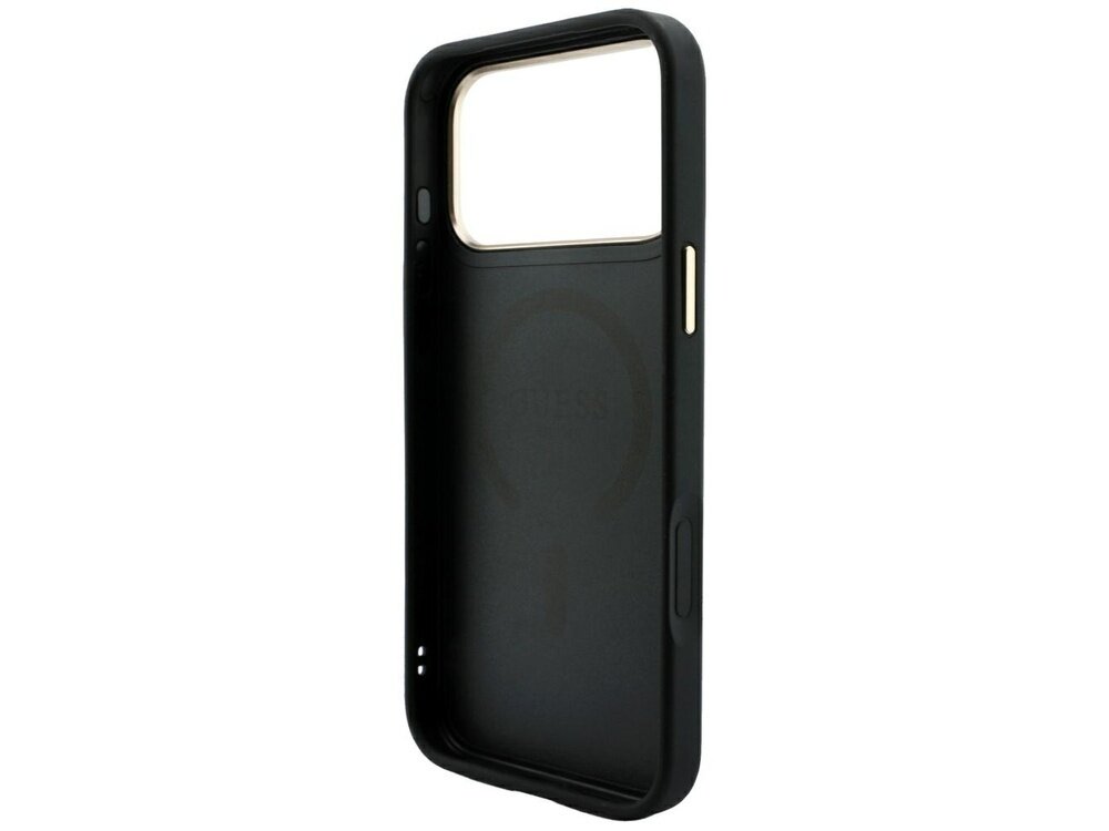 Czarne etui na telefon z dużym otworem na aparat i wytłoczonym logo GUESS na wewnętrznej stronie. Etui posiada przyciski boczne w kolorze złotym.