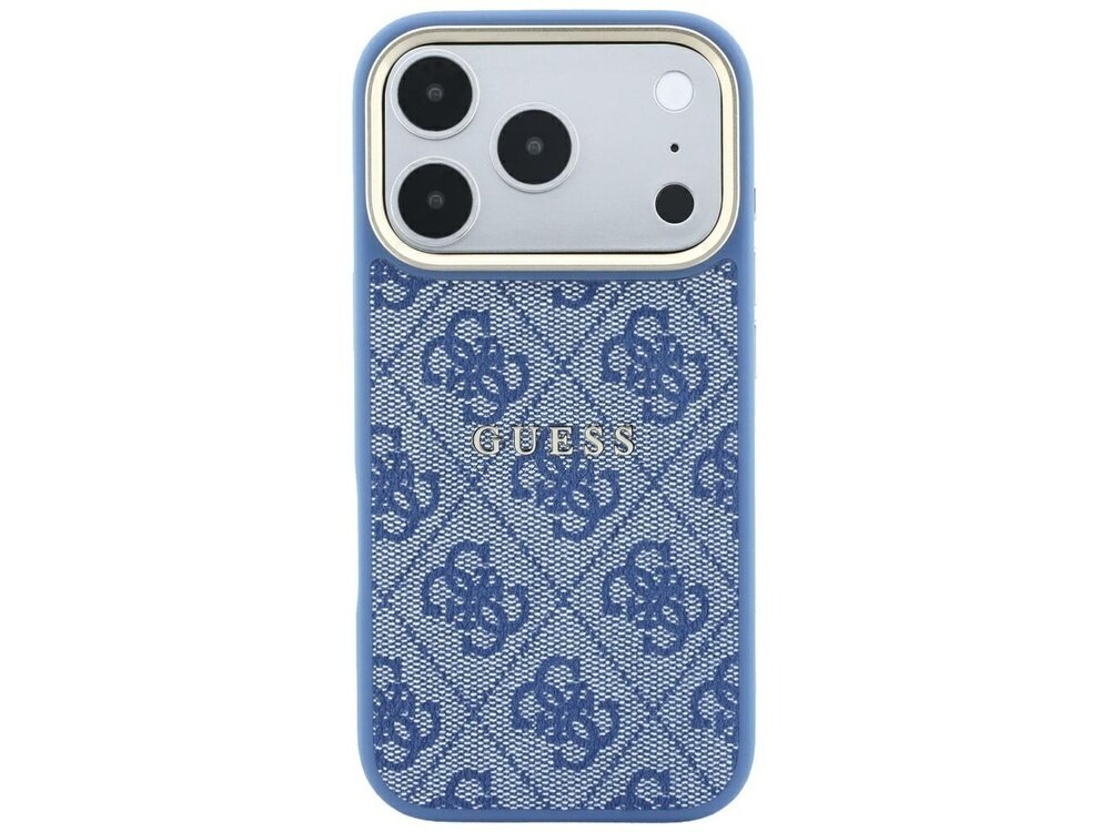 Niebieskie etui z wzorem 4G i napisem \'GUESS\' na tylnej części, przeznaczone do telefonu z trzema obiektywami aparatu. Etui ma złote wykończenie wokół aparatu.