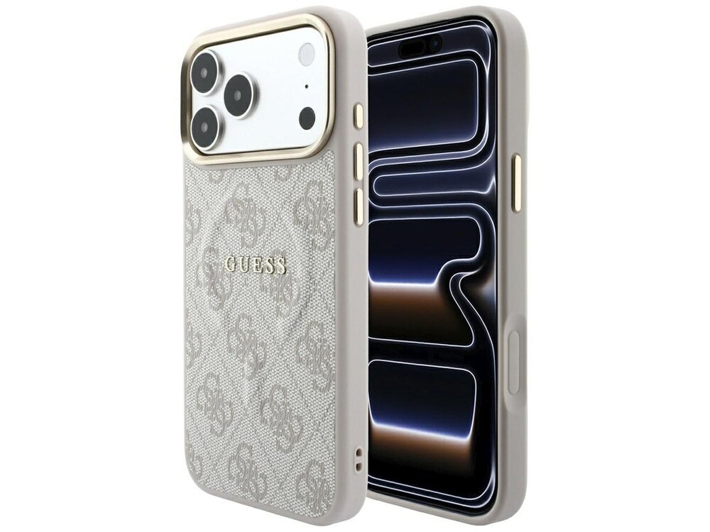 Etui na telefon z wzorem 4G i napisem \'GUESS\', w kolorze różowym, z widocznymi przyciskami bocznymi i otworami na aparat. Obok etui znajduje się telefon z wyświetlaczem pokazującym abstrakcyjny wzór.