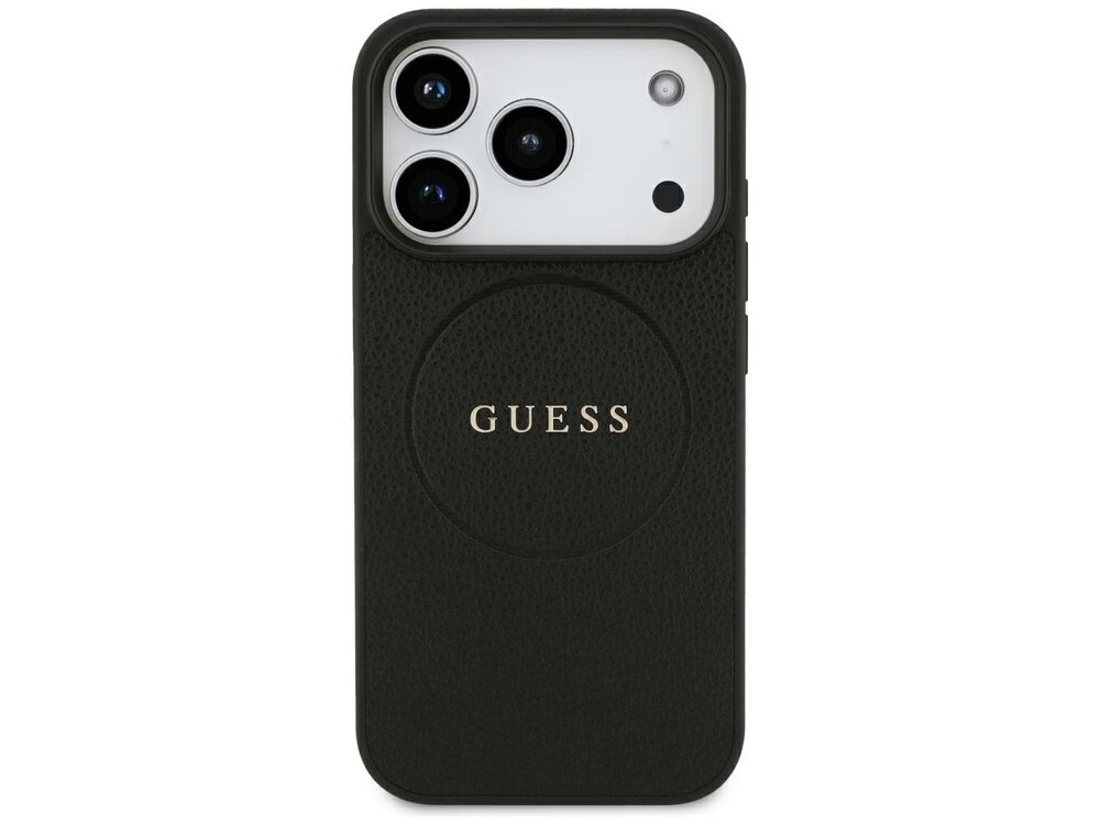 Czarne etui na telefon z trzema widocznymi obiektywami aparatu i napisem \'GUESS\' na środku. Etui ma teksturę przypominającą skórę i okrągły wzór wokół napisu.