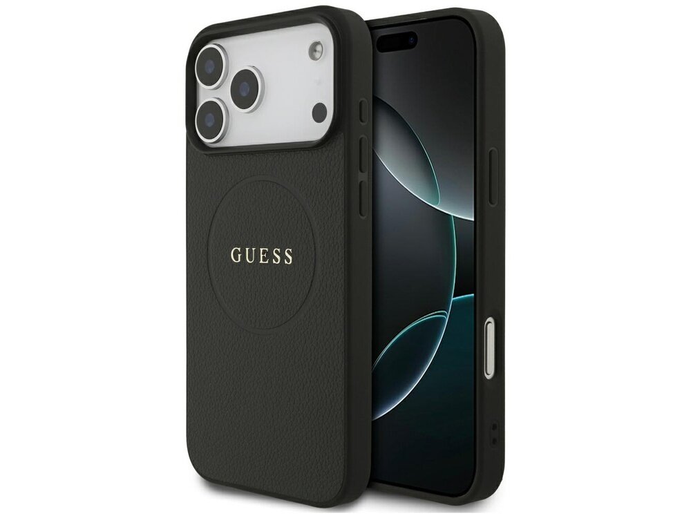 Czarne etui na telefon z napisem \'GUESS\' na tylnej części, z widocznymi trzema aparatami fotograficznymi. Etui ma teksturę przypominającą skórę i jest przeznaczone do telefonu z dużym ekranem.