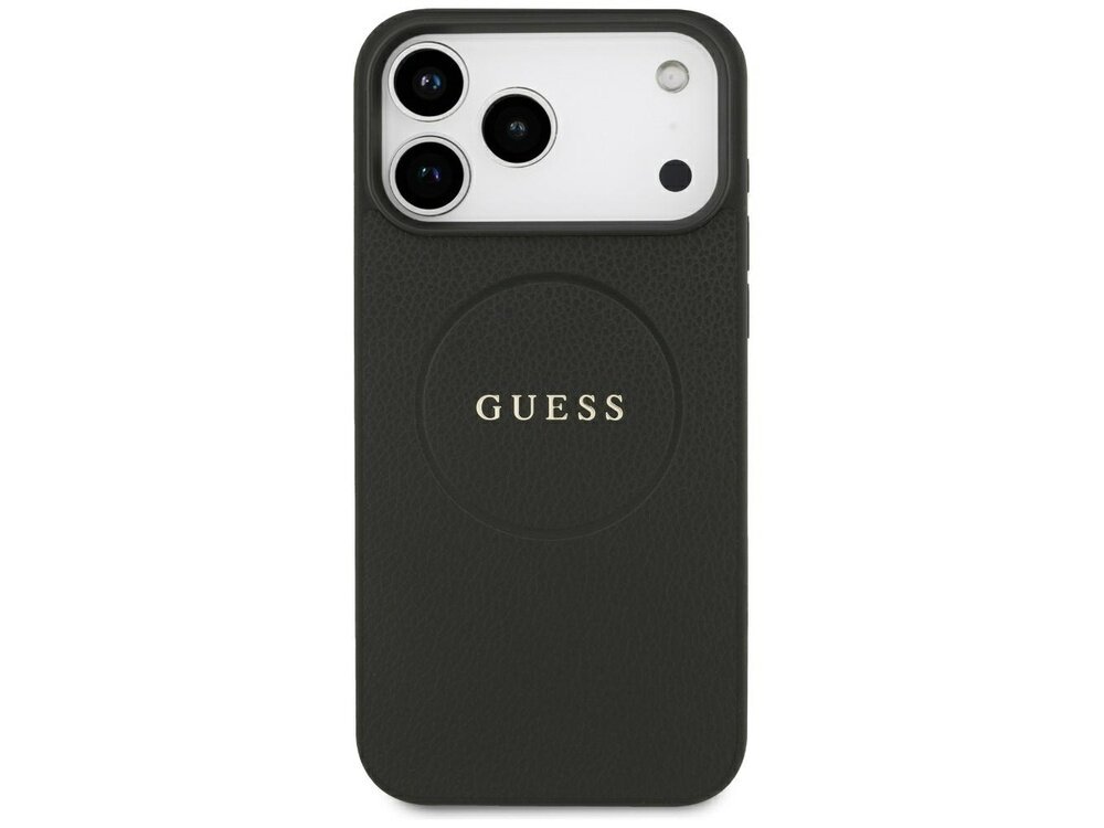 Czarne etui na telefon z trzema widocznymi obiektywami aparatu i napisem \'GUESS\' na środku. Etui ma teksturę przypominającą skórę i okrągły wzór wokół napisu.