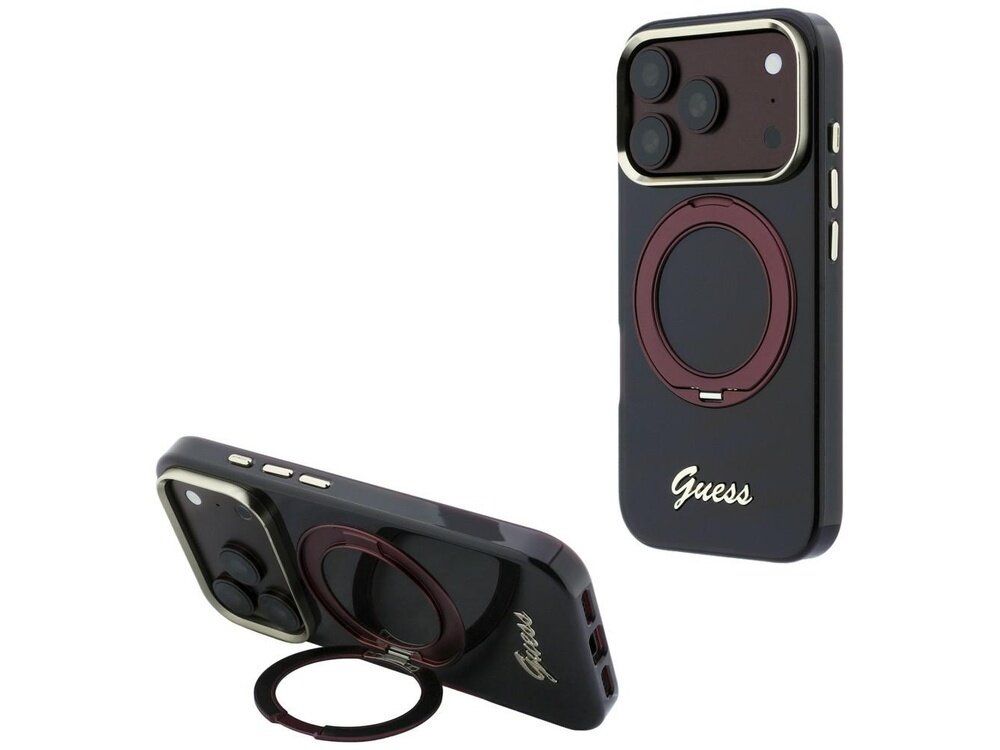 Obraz przedstawia burgundowe etui na telefon z metalowym pierścieniem i logo \'Guess\'. Etui jest przeznaczone do iPhone\'a i posiada funkcję MagSafe.