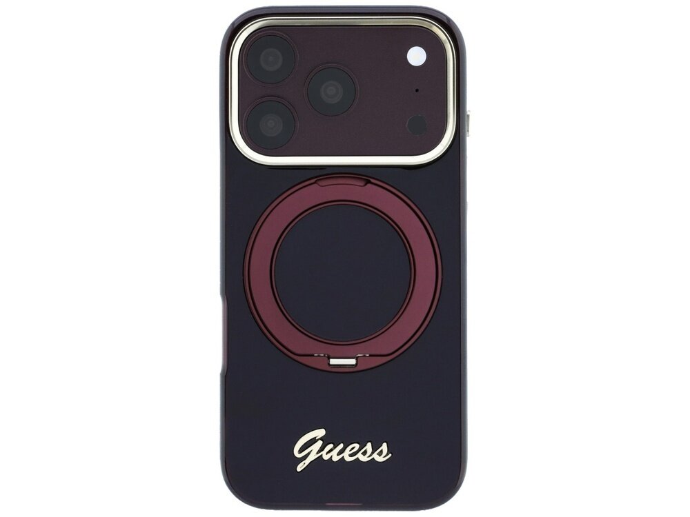 Etui na telefon w kolorze burgundowym z okrągłym uchwytem na środku i napisem \'Guess\' na dole. W górnej części widoczne są wycięcia na aparat z trzema obiektywami.
