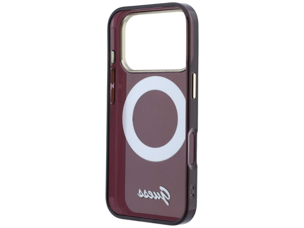 Burgundowe etui na telefon z dużym białym okręgiem i napisem \'Guess\' na dole. Etui posiada wycięcie na aparat i przyciski boczne.