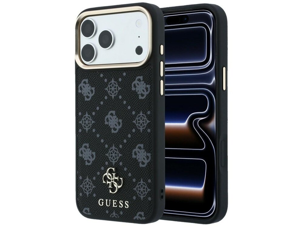 Czarne etui na telefon z wzorem w szare logo i napis \'GUESS\' na dole. Etui posiada wycięcia na aparat i przyciski boczne.