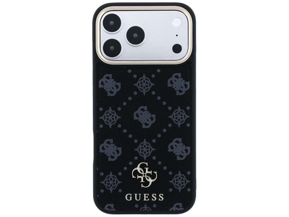 Czarne etui na telefon z wzorem w szare motywy i logo \'GUESS\' w dolnej części. W górnej części widoczne są trzy obiektywy aparatu telefonu.