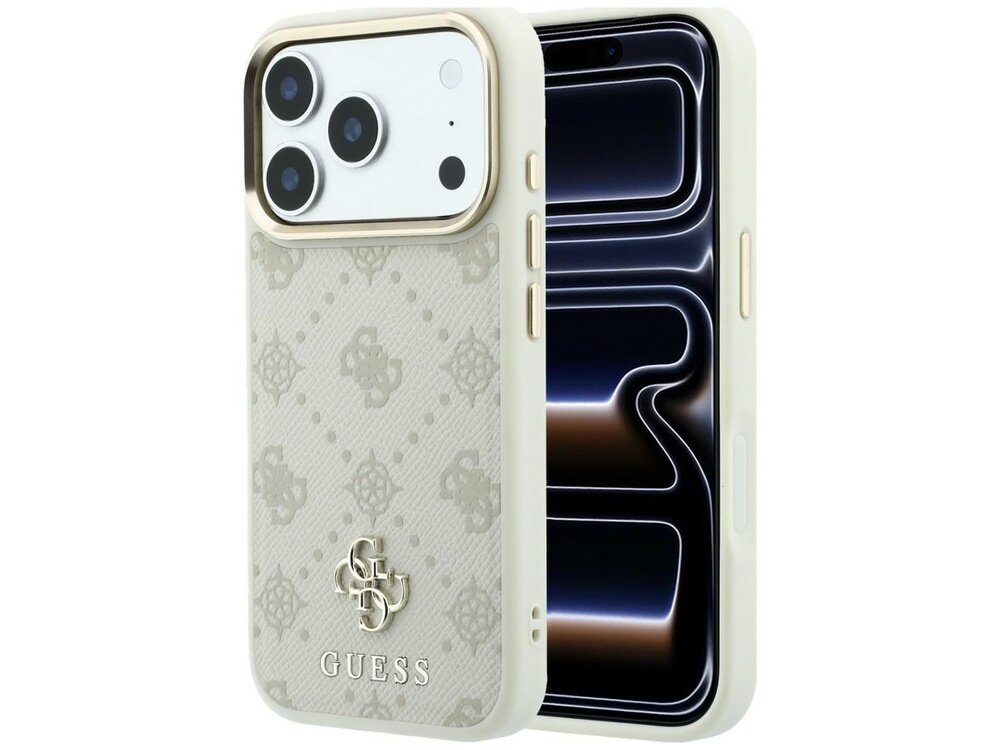 Beżowe etui na telefon z wzorem 4G i małym logo GUESS, przeznaczone do urządzeń Apple z funkcją MagSafe. Na etui widoczne jest metaliczne logo GUESS.
