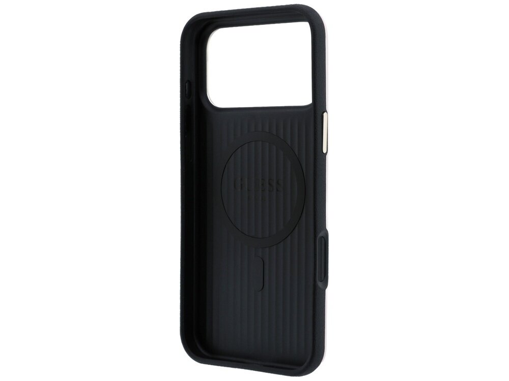 Czarne etui na telefon z wycięciem na aparat i logo \'GUESS\' w centralnej części. Wewnątrz widoczny jest okrągły wzór, prawdopodobnie dla funkcji MagSafe.
