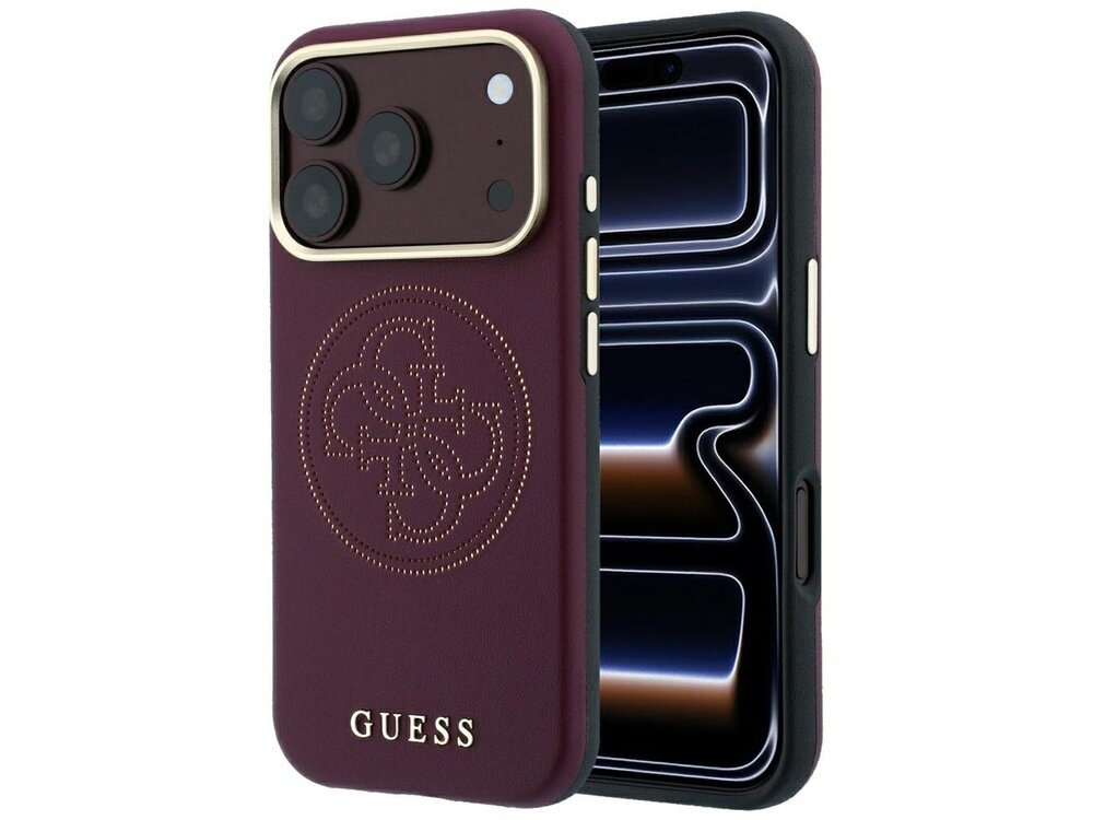 Burgundowe etui na telefon z perforowanym wzorem i złotym logo GUESS. Etui posiada wycięcia na aparat i przyciski boczne.