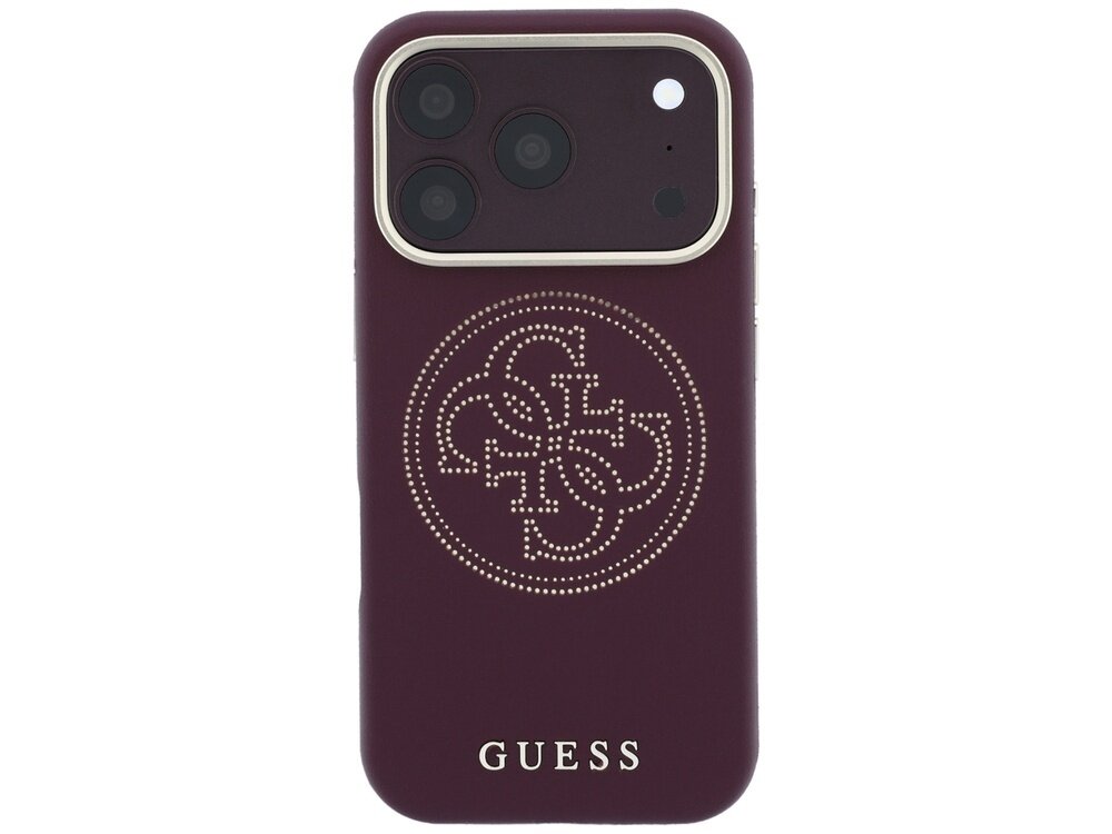 Burgundowe etui na telefon z perforowanym złotym logo w kształcie okręgu. Na dole widoczny jest napis \'GUESS\'.